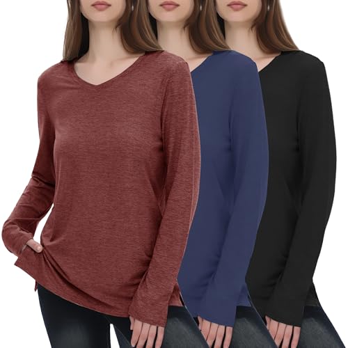 GAYHAY 3 Pack V Neck Long Sleeve Shirts for Women - Fall Casual Soft Tops Basic Loose Fit Outfits Clothes for Vacation
