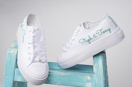 Personalized Monogrammed Sneakers for Brides, Customized Bridal Trainers, Wedding Day Footwear, Monogrammed Wedding Shoes, White4