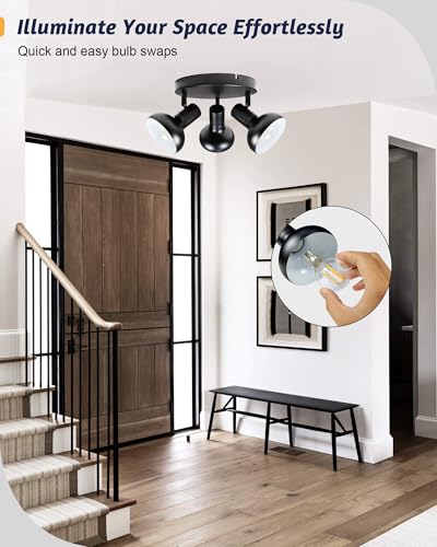 Image of HiBay 3-Light Track Lighting, Farmhouse Ceiling Light Fixtures Black, Directional Spotlight Round for Kitchen Bedroom Dining Room, E12 Base (Bulbs Not Included)