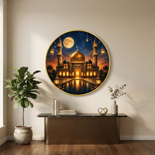 Image of SAF Islamic Mosque Moon Round Wall Painting with Premium PVC Golden Frame, Golden Dome Lantern Night Art, Muslim Home Decor for Prayer Room Living Room (23 x 23 Inch) GR-433