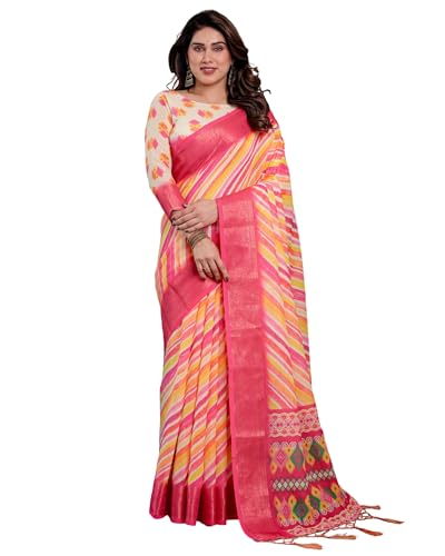 Image of ALMAARI FASHION Handloom Cotton Linen Saree for Women with Floral Printed Design and Tassel Pallu, Traditional Ethnic Lightweight Saree for Daily Office Festive with Blouse Piece