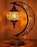 Baquler Turkish Mosaic Moon Lamp - Handmade Stained Glass Table Lamp with Metal Crescent Base, Bohemian Moroccan Bedside Night Light for Bedroom Living Room Decor, Unique Gift(Orange)