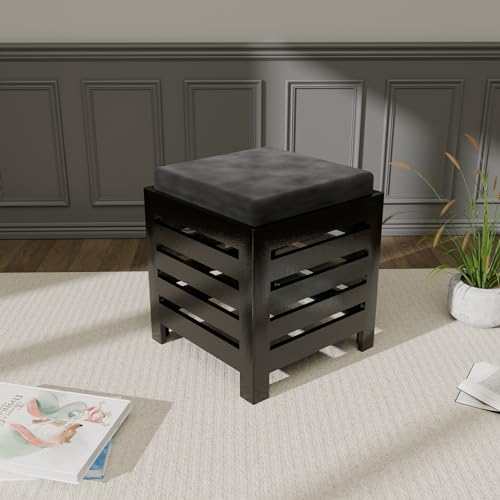 Image of ETIQUETTE ART Cushion Wooden Stool - Square Table For Office, Kitchen, Or Bedside With Black Cotton Cover