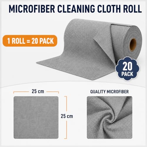 Image of Misamo Enterprise Microfiber Cleaning Cloth Roll, 25x25 cm, Reusable Tear-Away Towels, 20 Pack (Grey, Pack of 1)