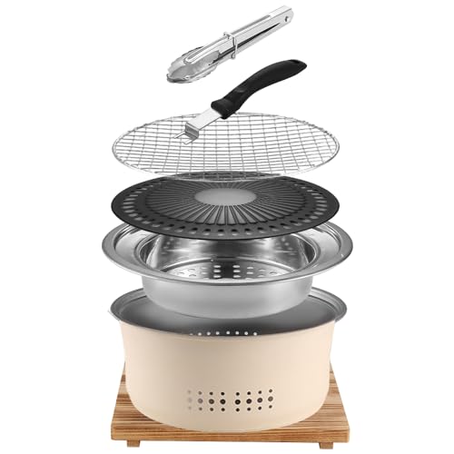 SANQIAHOME Tragbarer Edelstahl-Holzkohlegrill, 26,7cm, rund, mit Antihaft-Bratplatte, BBQ Grills Holzkohlekocher für Zuhause, Party, Outdoor, Camping