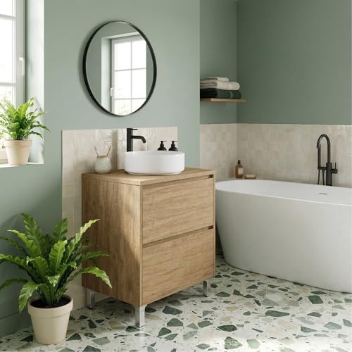 SANIVERRE Meuble Vasque à Poser sur Pied 2 Tiroirs L.60 cm Chêne Naturel Collection Salle de Bain LISBONA sans Colonne