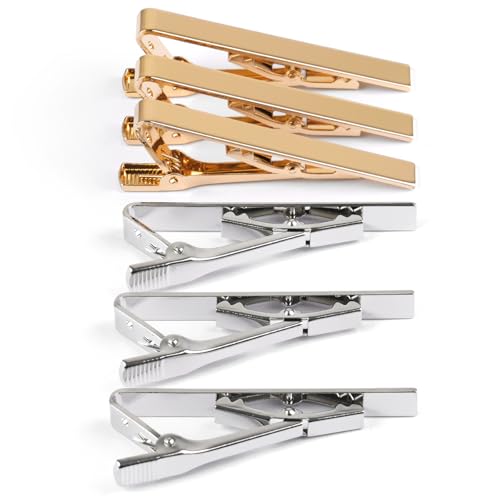 Image of MOWPOG 6 Pcs Tie Clips for Men, Tie Bar Pins Tacks with Gift Box | Copper, Shiny & Glossy, for Father, Husband, Boyfriend, Business, Wedding, Suit Accessories, Easy to Open, Won't Fade /Scratch