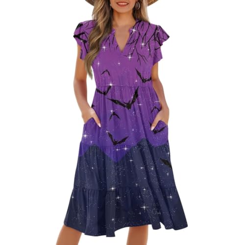 Image of Womens Summer Dress Ruffle Sleeve V Neck Dress Casual Fit Flowy Beach Vacation Sundress with Pocket S-2XL