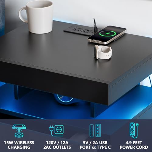 HOMMPA LED Nightstand with Wireless Charging Station & USB Ports High Gloss Bedside Table with LED Light RGB Adjustable Brightness Smart Nightstand 3 Drawers Tall Night Stand for Bedroom Grey