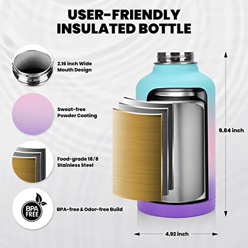 Image of RAYMYLO Insulated Water Bottle 64 oz, Triple Wall Vacuum Stainless Steel (Cold for 48 Hrs), Leak Proof & Non-BPA, Half Gallon Water Flask Jug with Paracord Handle & Straw Spout Lids, Hydrangea