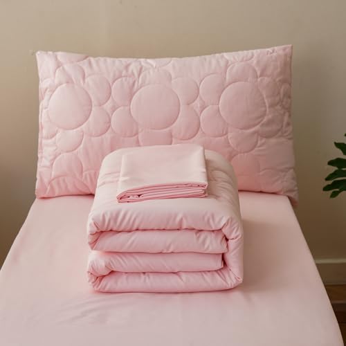 Image of Wellboo Solid Pink Toddler Bedding Sets for Girls Boho Sunflower 4 Pieces Soft Crib Bed Set Including Comforter, Sheets and Pillowcase Kids Soft Solid Color Aesthetic Bean Pink Quilt