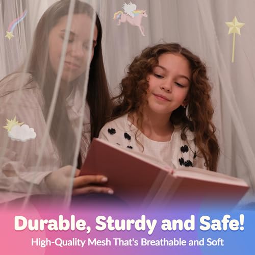 Bollepo Bed Canopy for Girls Bed with Glowing Stars - Princess Room Decor, Ceiling Net to Cover Toddler | Full, Twin Size Kids Bed Curtains, Fire Retardant Fabric (White - Unicorn)