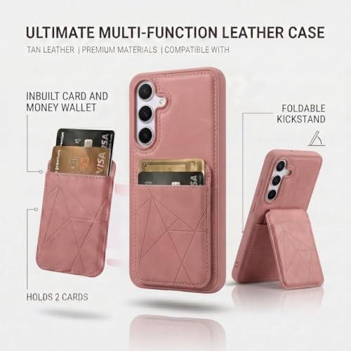 Image of amazon basics Premium Vegan Leather Back Cover with Card Holder and Integrated Mobile Stand for Samsung Galaxy S25FE 5G - Slim Shockproof Wallet Case with Geometric Stitching [Pink]