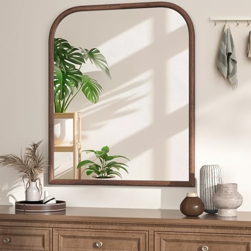 Image of 30 inchx36 inch Arch Wall Mirror for Wall, Wall Mounted Vanity Mirror for Bedroom, Wood Grain Finish Frame Mirror with Tempered Glass, Vintage Decorative for Bathroom, Entryway, Living Room, Walnut