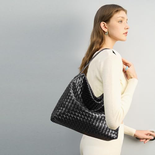 JINMANXUE Small Hand Woven Handbags for Women Shoulder Crossbody Bag Purses Cassual Top Handle Bags Hobo Curved Tote Bag (Obsidian Black) by JINMANXUE - Used condition - Image 3