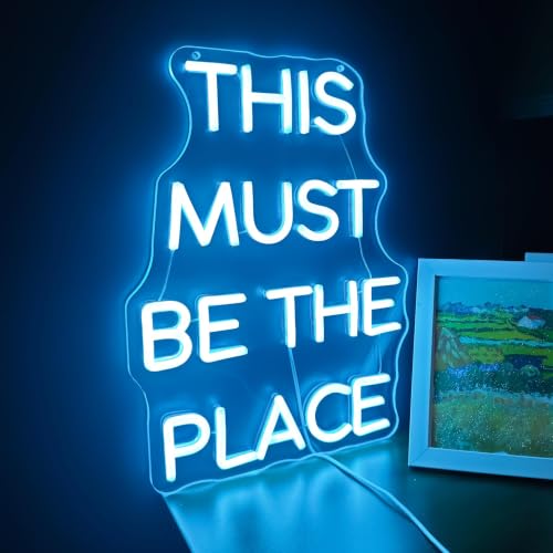 Image of 15.8 inch This Must Be The Place LED Neon Sign - Blue, Dimmable Light for Home, Bedroom, Cafe, Bar Wall Decor - Energy-Efficient Neon Light with Installation Kit - Perfect for Weddings and Birthdays