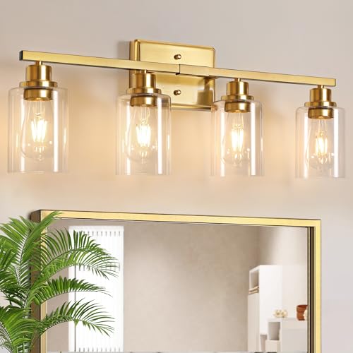 Image of Unicozin Modern Bathroom Light Fixtures, 4 Light Vanity Lights Over Mirror, Gold Wall Lamp with Clear Glass for Living Room Cabinet Bedroom Porch Powder Room
