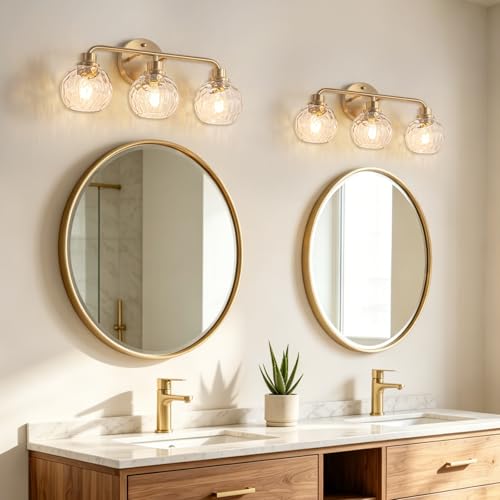 Image of Bathroom Light Fixtures Gold Vanity Light 3 Light Wall Sconces Lighting Brushed Brass Lights with Hammered Globe Glass Shades Bath Wall Lamp for Mirror Living Room Bedroom Hallway