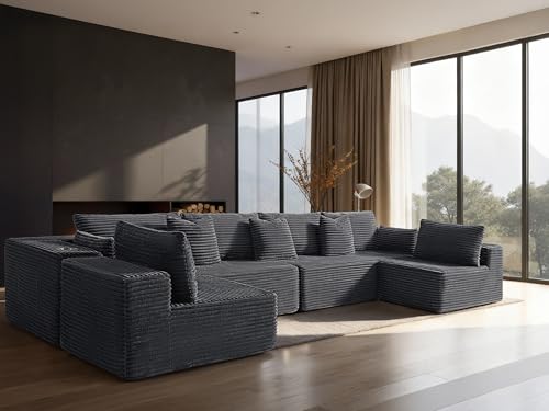 Image of 138 inch Cloud Sectional Couch, Comfort U Shaped Sofa for Living Room, Extra Deep Seats No Assembly, Minimalist Modular Couch, Corduroy (Dark Grey, 6 Seats,U-Shape B)