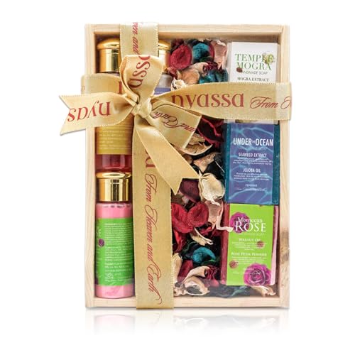 Image of NYASSA Luxury Wooden Gift set | Organic Handmade Soaps, Shower gel, Shampoo & Conditioner, Body Lotion | Ideal Gift Set for all Special Occasions - Pack of 7