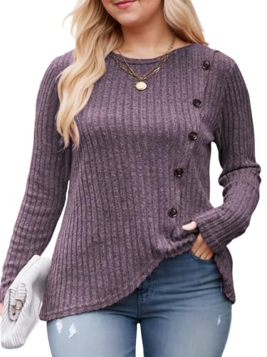 Image of DOLNINE Womens-Plus-Size-Tops Casual Long Sleeve Shirts Trendy Button Side Split Fall Cute Tunic Sweatshirts XL-5XL