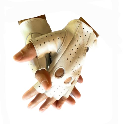 Men's Genuine Sheep Leather Half Finger Driving Cycling Motorbike Excercise And Fitness Fingerless Unlined Gloves (White, Medium) #TOP2