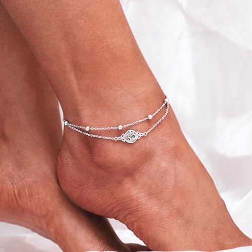 Image of CHIC & ARTSY 925 Sterling Silver Ankle Bracelets for Women, Dainty Adjustable Layered Foot Chains with Symbolic Charms, Boho Beach Everyday Lightweight Jewelry