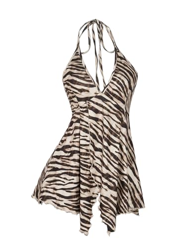 MakeMeChic Women's Halter Tops Zebra Print Backless Deep V Neck Summer Flowy Camisole Top