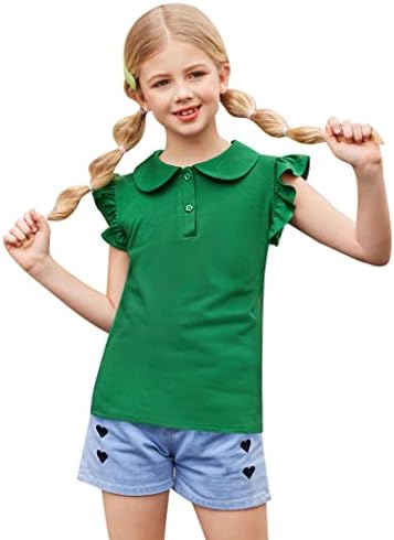 Flypigs Girls Casual Ruffle Sleeve T-Shirt Cute Summer Blouse for Girls Polo Peter Pan Collar Button Tops Blouse Tee Green