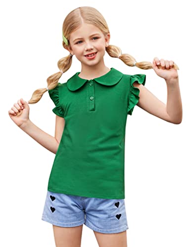 Flypigs Girls Casual Ruffle Sleeve T-Shirt Cute Summer Blouse For Girls Polo Peter Pan Collar Button Tops Blouse Tee Green #TOP10