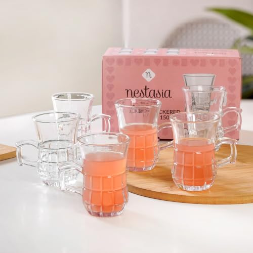 Image of Nestasia Set of 6 Transparent Glass Tea Cups (150ml Each) - Checkered Embossed Durable & 100% Food-Safe Coffee Mugs | Perfect for Coffee, Tea, Hot & Cold Beverages