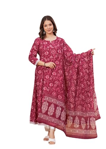 Image of MEERA FAB Women's Cotton Printed Anarkali Kurta with Palazzo & Dupatta Set
