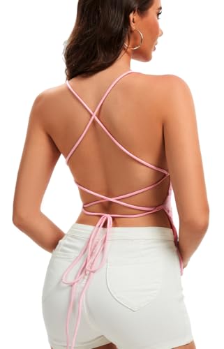 Y2K Women Cute Sparkle Backless Sequin Cami Top 2025 V Neck Open Back Criss Cross Straps Summer Crop Tops2