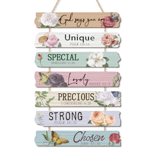 CHDITB God Says You are Wooden Sign, Peony Flower Wooden Hanging Plaque, Christian Religious Quotes Door Hanger, Scripture Art Inspirational Bible Verse Wall Art for Girl Bedroom Living Room Decor