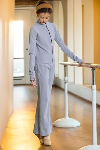 Stylish Girls 2-Piece Tracksuit Set - Light Gray Jogging Suit with Turtleneck Top & Flared Pants2