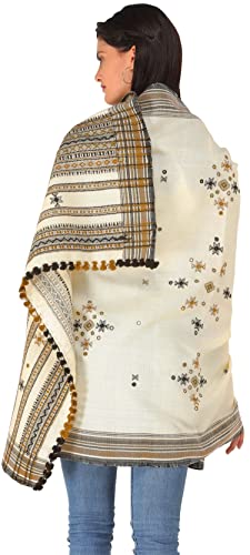Image of Exotic India Women's Kutch Wool Shawl (SHV95--beige)