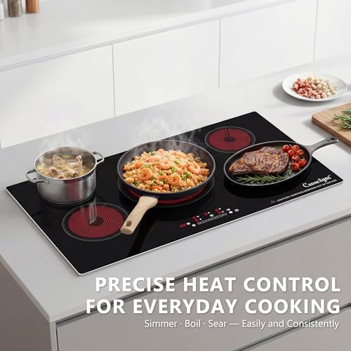 Image of 36 Inch Electric Cooktop, 5 Burner Built-In Ceramic Glass Stove Top, 9200W | 36-inch built-in radiant cooktop with 5 zones, 9200W, ceramic glass, touch control, and 220-240V wiring.