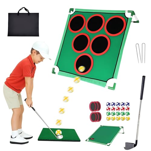 TECKZOON - Jeu de Golf, Tapis de Putting Vert pour Jardin, 20 balles adhésives, 6 couvercles de Trous et Sac de Transport, système d’entraînement Jeunes Adultes pour fêtes Vacances Plage