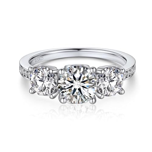 MomentWish Engagement Ring for Women, Moissanite Promise Ring, D Color VVS1 Simulated Diamond 925 Sterling Silver Halo Ring, Wedding Rings for Anniversary Valentine's Day 3 Stones 7.5