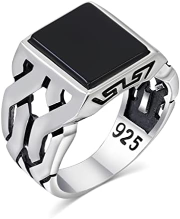 Chimoda Sterling Silver Rings for Men with Black Onyx Stone, Handmade Mens Jewelry Ring, Cuban link Chain Motif Men's Rings, Rings Silver (43Onx11)