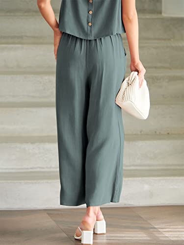 Prinbara 2 Pieces Outfits For Women Lounge Matching Set Casual Sleeveless Linen Round Neck Crop Top Wide Leg Pants Jumpsuits 5Pa46-Shenhui-M #TOP7