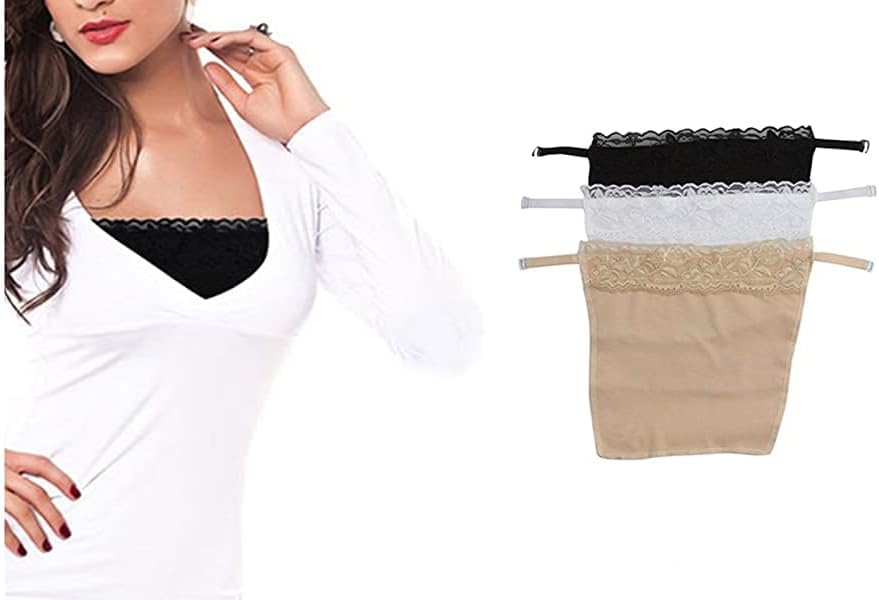 Women's Cotton Clip-on Mock Lace Camisole Cami Secret (Black, White, Beige, Free Size)- Set of 3
