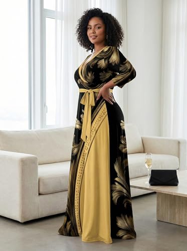 Image of Plus Size Dresses for Women Print Maxi Dresses 3 /4 Sleeve with Belt