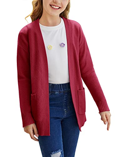 Image of Goranbon Girls' Cardigan Sweaters Open Front Long Sleeve Casual Sweater Coats with Pockets Red