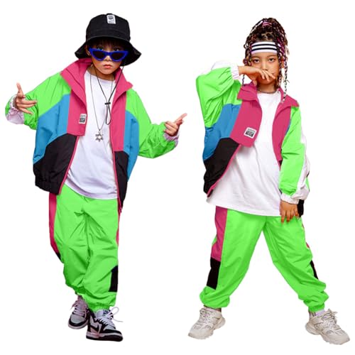 LOLANTA Kids 80s Fancy Dress Hip Hop Dance Costume Street Dance Outfit 80s Disco Costume for Boys Girls 12-13 Years Neongreen 170