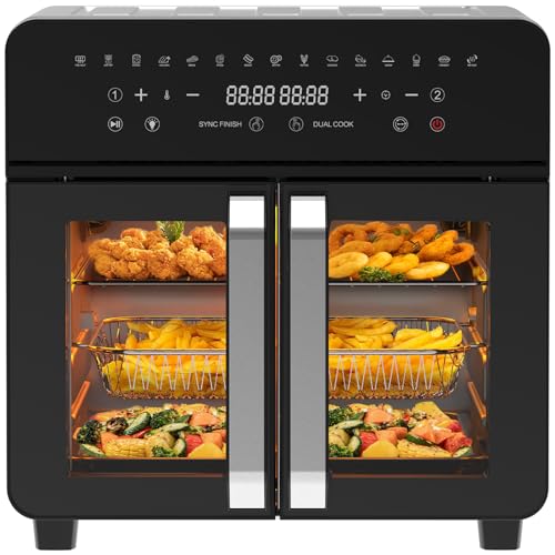 Heißluftfritteuse 23L Dual Zone - XXL Airfryer mit French Door | Heissluftfritteuse Ofen mit Doppelkammer 15 Programme 2200W 12 Zubehör Herausnehmbarem Trenner für Kochraum 50-200