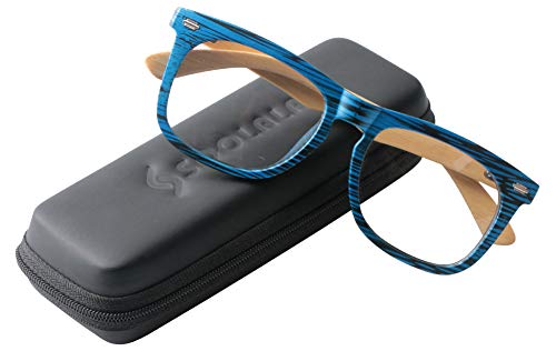 SOOLALA Cool Retro Style Quality Wood Bamboo Arm Custom Strengths Reading Glasses, Blue
