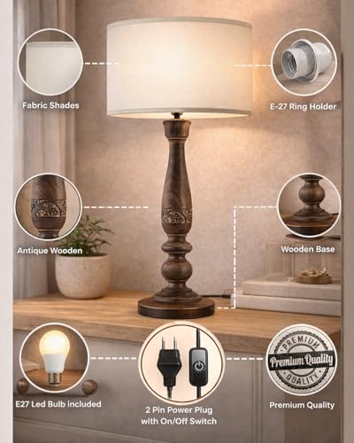 Image of Homesake Floral Carved Wood Table Lamp with Shade | Handcrafted Bedside Lamp, E27 Holder| Bulb Included |Warm Light Night Lamp, Bedroom, Living Room, Study & Home Decor, KD Off-White Drum