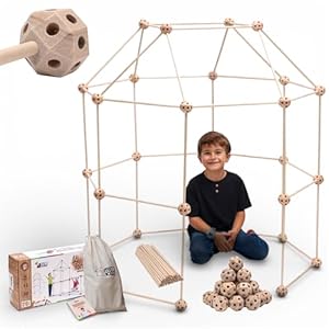 MIND KIDZ Wooden Fort Building Kit for Kids – STEM Montessori construction toy – 52 rods & 30 spheres, Eco-friendly play set for boys & girls