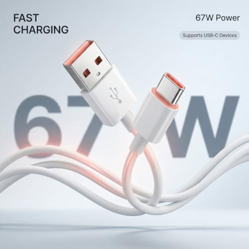 Image of 67W USB Type-C Fast Charging Cable For Mi | HyperCharge + Turbo Charge Support | 6A High-Speed Data Sync | Durable 1m Cable for Xiaomi, Redmi, Poco & Android Devices (White)
